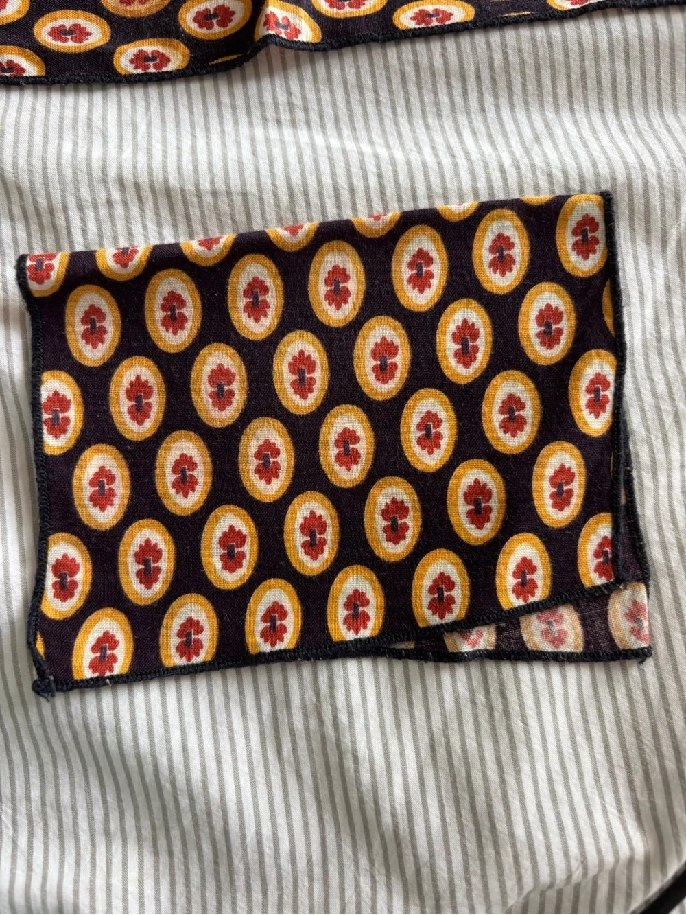12 Black cocktail Napkins with Mustard and Red Pattern